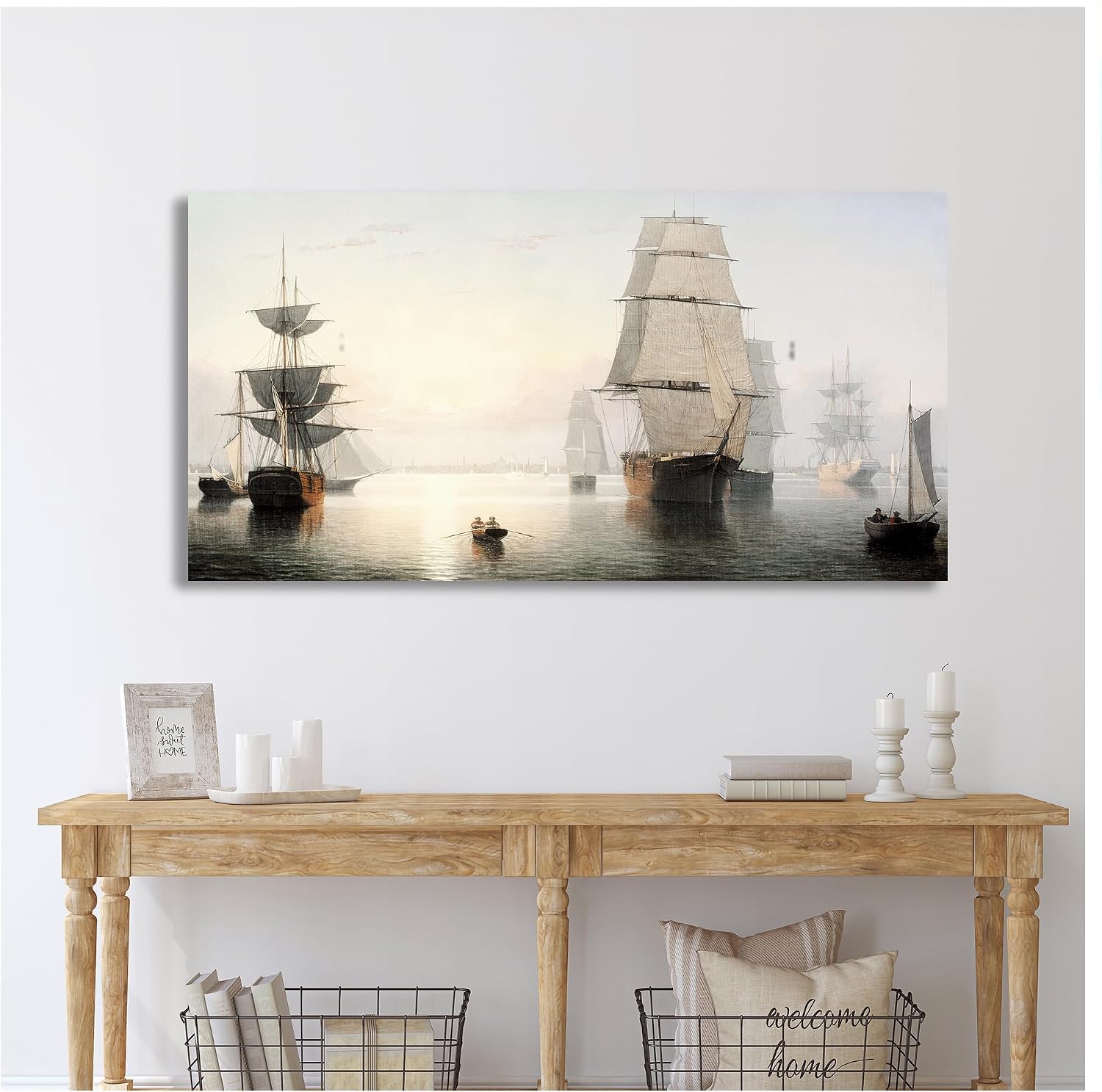 A&T ARTWORK Boston Harbor, Sunset, Fitz Henry Lane Sailboat Warship Painting Reproductions Reproductions,Giclee Canvas Prints Wall Art for Home Decor,45x24x1.5 inches