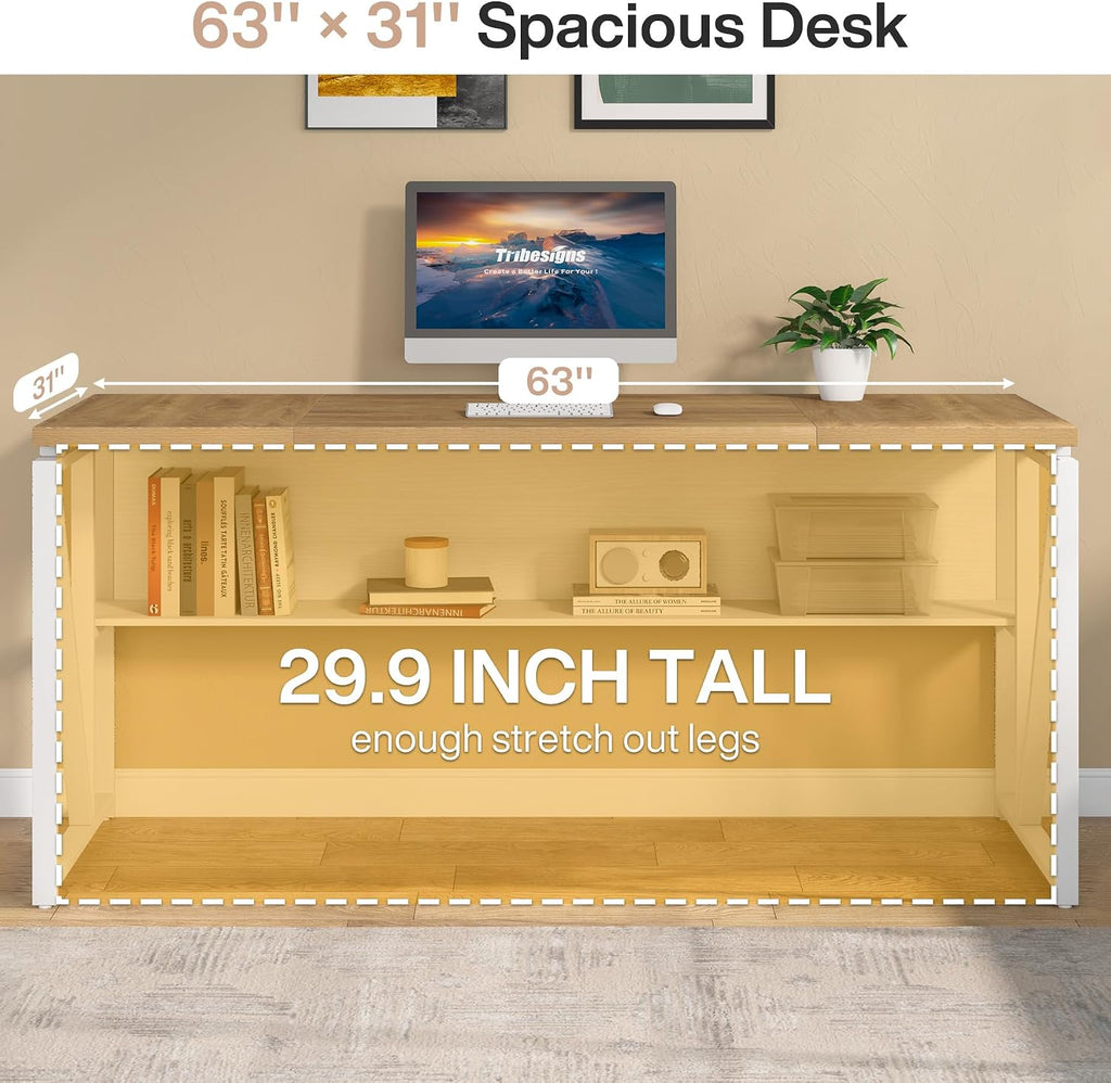 Tribesigns 63 inches Computer Desk with Bottom Storage Shelf Home Office Desk Writing Table for Workstation, Dark Walnut + Steel Leg, Cabinet not Included (Light Oak, 63-inch-with Shelf)