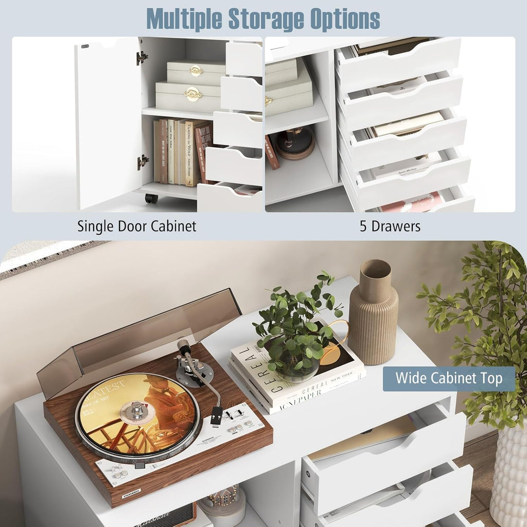 5-Drawer Wood Drawer Cabinet, Office Storage Cabinet with Adjustable Shelf & Wheels, Printer Stand for Home Office, White, 15.7' D x 30.7' W x 25.4' H