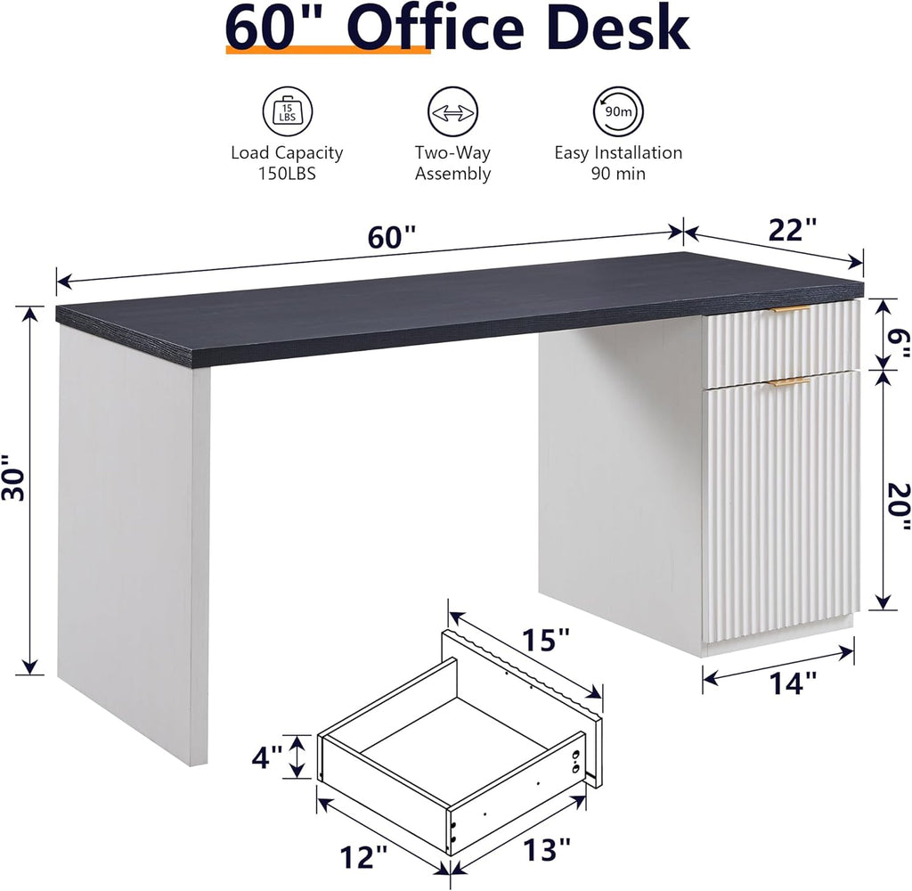 JXQTLINGMU 60' Modern Executive Desk with Storage, Wood Home Office Desk with Drawer & Cabinet, Fluted Computer Writing Desk for Study, Living Room, Bedroom, Antique White