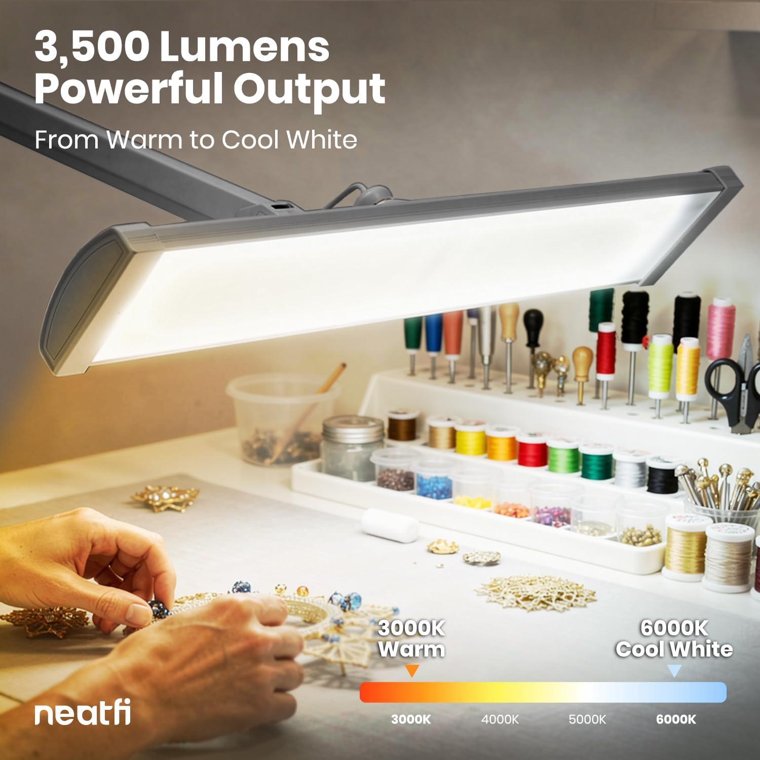 Neatfi 3,500 Lumens LED Desk Lamp – 45W Dimmable Task Light | Adjustable Color Temperature | 3 Light Modes | 540 SMD LEDs | Reading, Craft, Workbench & Office (Silver-2, 26-Inch Wide Shade)
