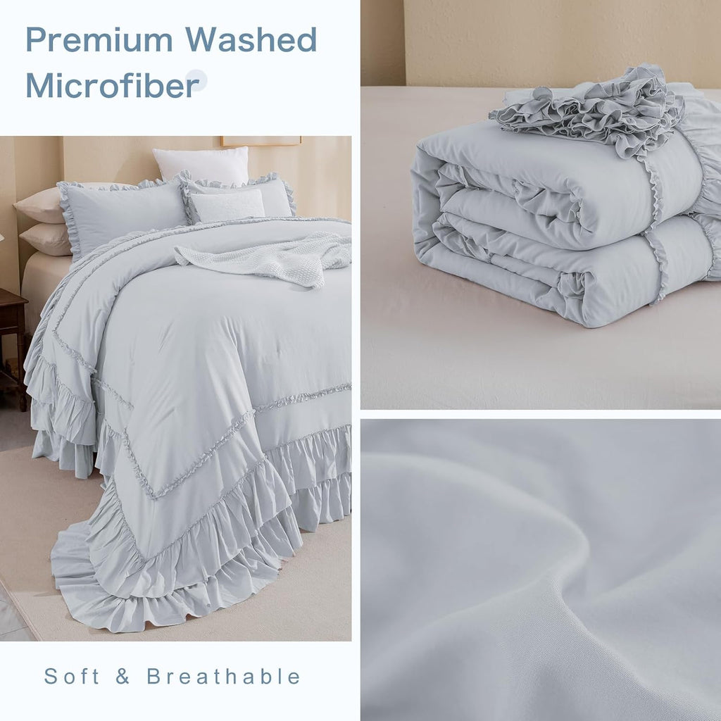 Masaca Oversized King Comforter 128x120,3 Pieces Vintage Farmhouse Ruffled Bedding Comforter Set Lightweight Ultra Soft French Country Bedding (1 Light Blue Ruffle Comforter +2 Pillowcases)