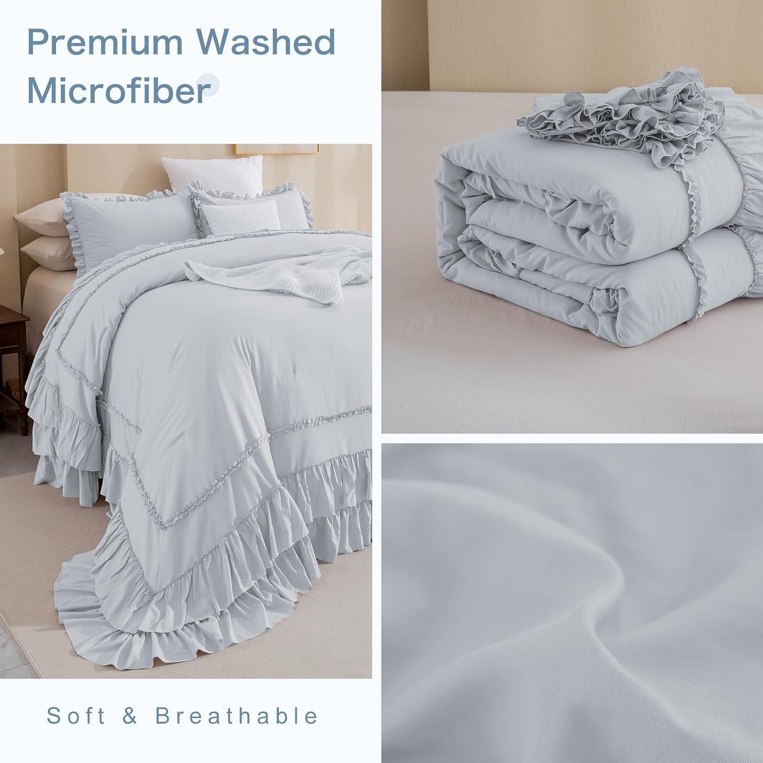 Masaca Oversized King Comforter 128x120,3 Pieces Vintage Farmhouse Ruffled Bedding Comforter Set Lightweight Ultra Soft French Country Bedding (1 Light Blue Ruffle Comforter +2 Pillowcases)