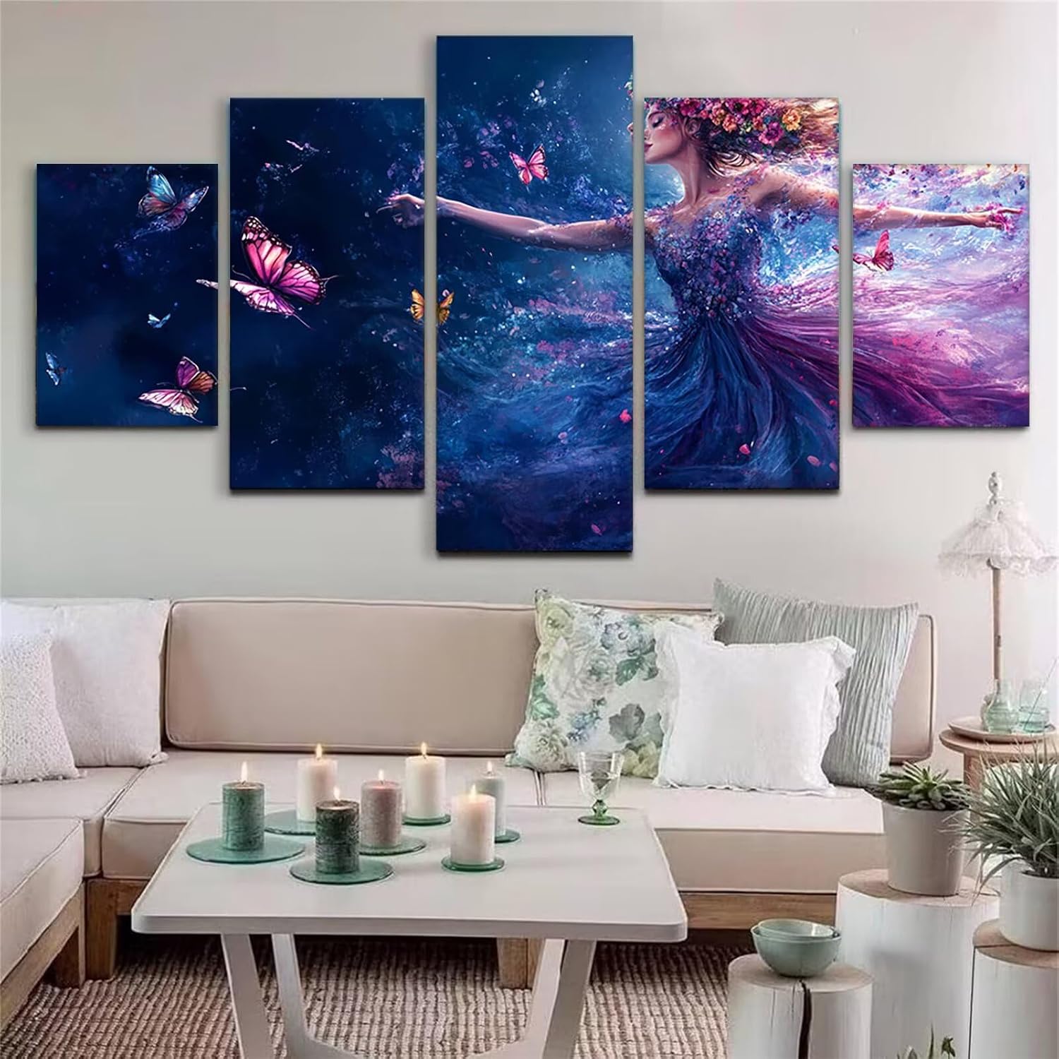 Woman Diamond Art 5 Piece Diamond Painting Butterfly 5D DIY Full Round Drill Dimond Art Paintings Crystal Crafts for Adults Gem Painting for Home Decor, Large Artwork for Wall 60 x 120 Inch, Model369