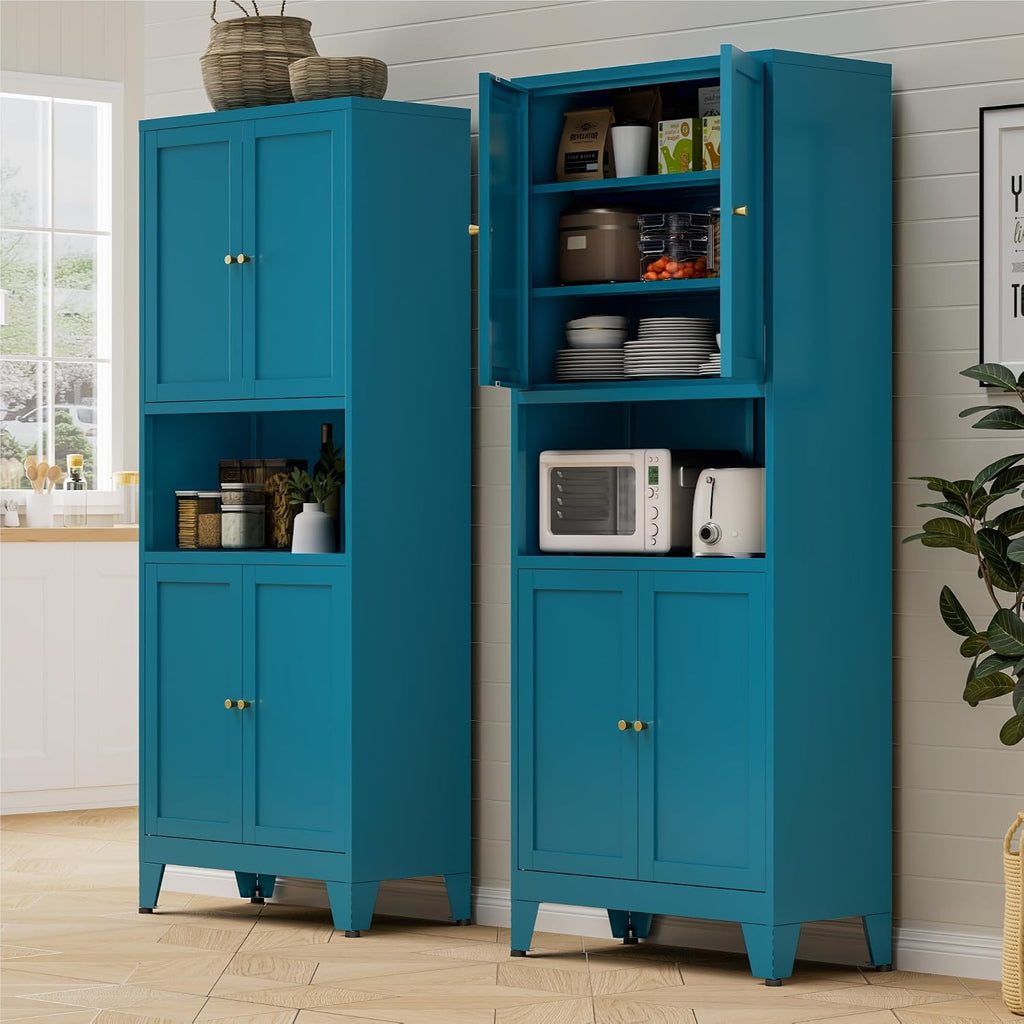Bevivog Tall Pantry Cabinet with Microwave Shelf, 69' Metal Storage Cabinet with 4 Doors and Adjustable Shelves,Freestanding Metal Kitchen Hutch Cabinet, Blue Pantry Closet Storage Shelves with Doors