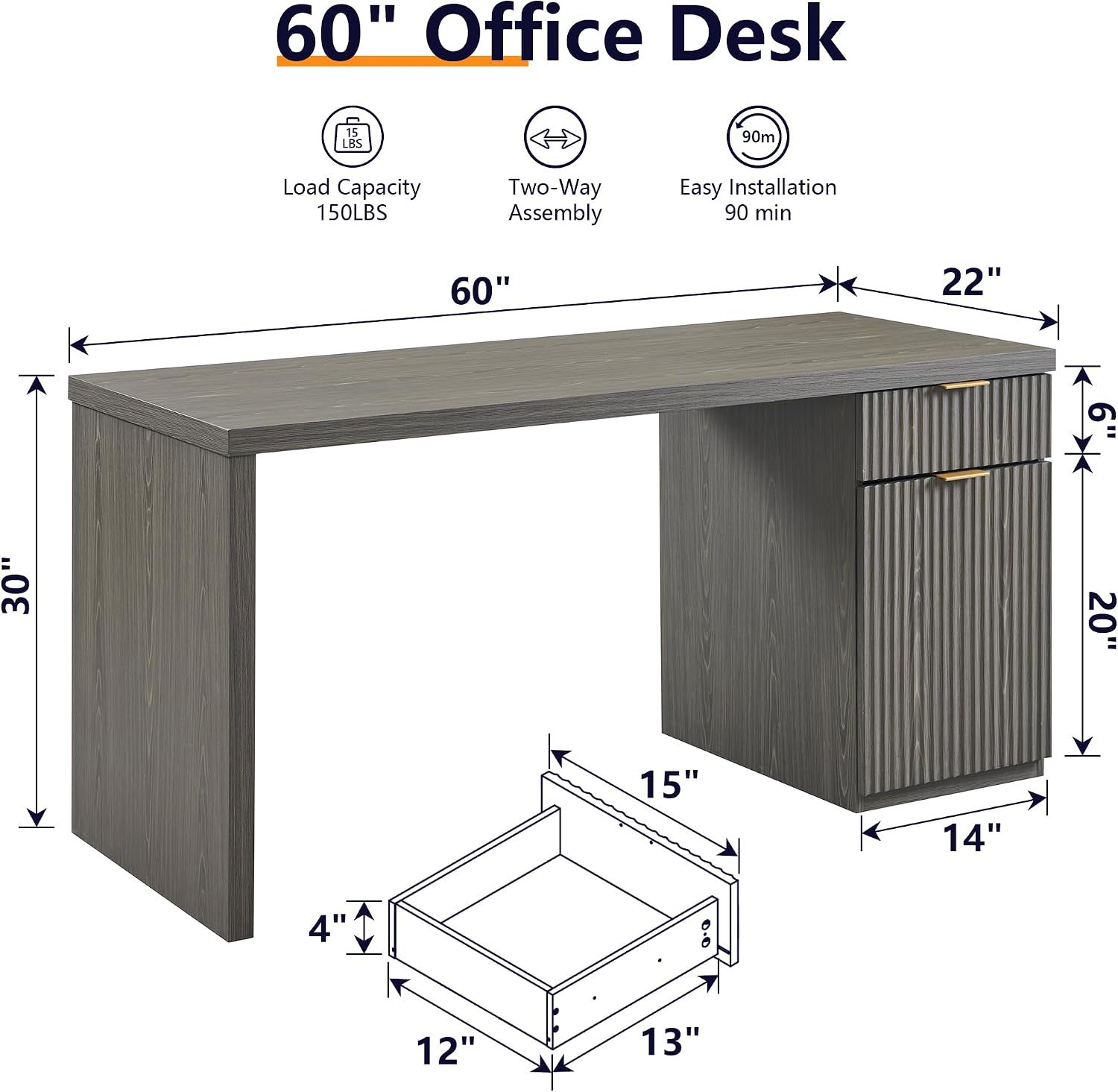 JXQTLINGMU 60' Modern Executive Desk with Storage, Wood Home Office Desk with Drawer & Cabinet, Fluted Computer Writing Desk for Study, Living Room, Bedroom, Grayish Green