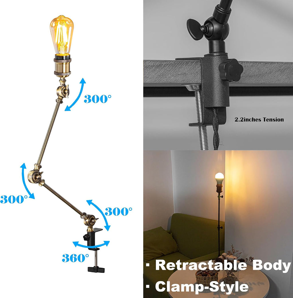 Kiven Dimmable Clamp Lamp, 1-Light Aluminum Nightstand Lamp with Flexible Swing Arm, 8.2FT Plug in Cord, Industrial Decorative Clip-on Desk Lamp for Bookshelf Office Bedside,Bronze