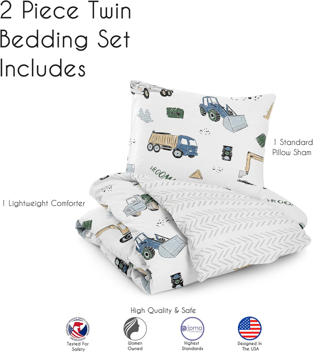 Sweet Jojo Designs 2-Piece Twin Comforter Set (Green Construction Truck) for Boys, Children, Kids Bedding, Bed in a Bag incl. Blanket & Pillow Sham (Transportation, Gray, Blue, Grey & Yellow, Trucks)