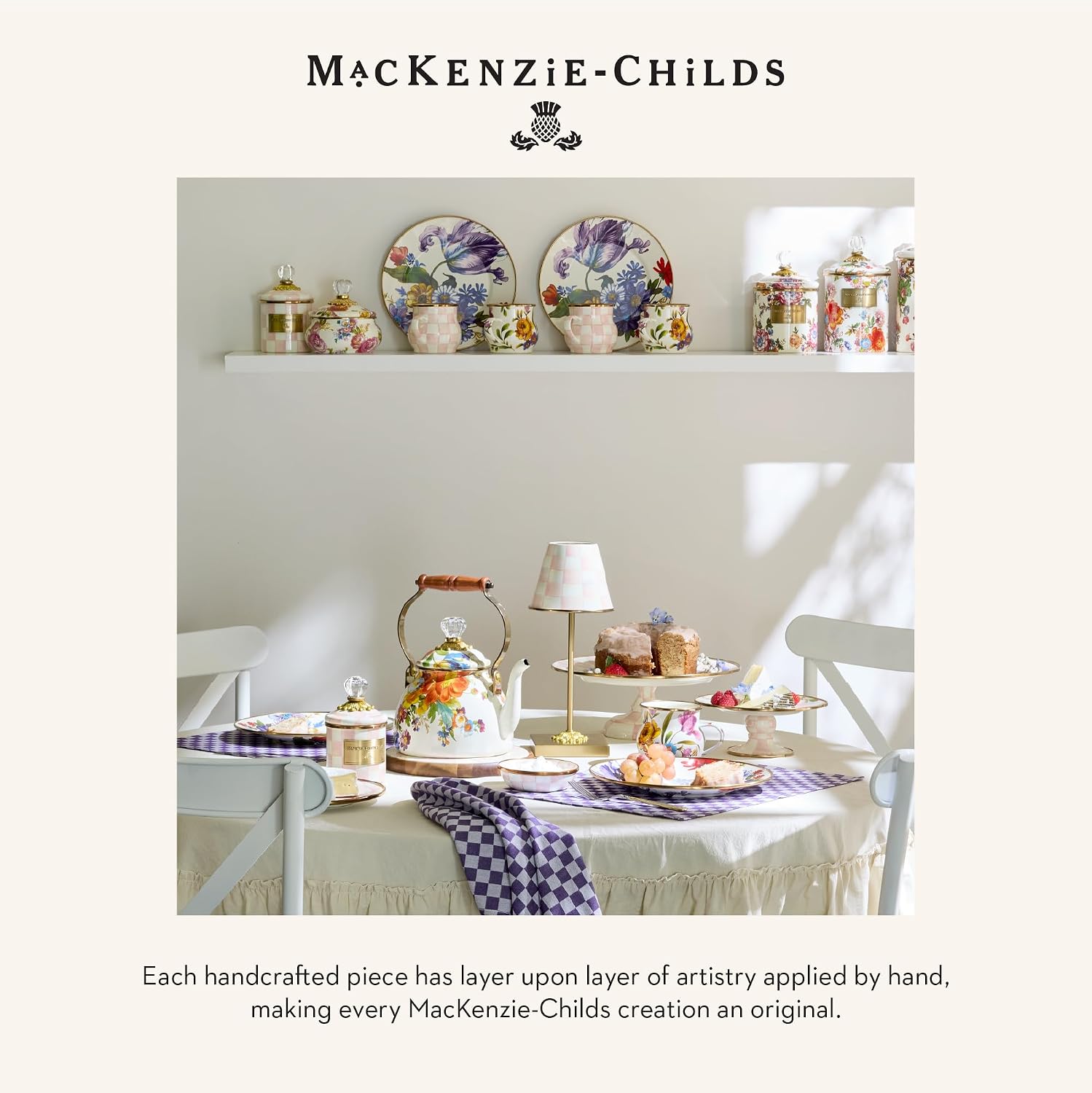MACKENZIE-CHILDS LED Rechargeable Cafe Table Lamp, Cordless Decorative Lamp, Pink-and-White Rosy Check