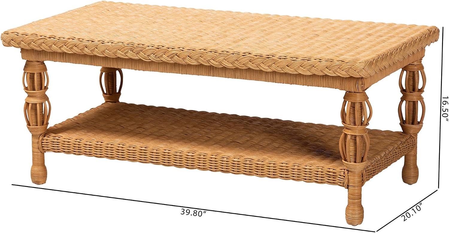 Bali & pari Dolby Natural Rattan Coffee Table - Handwoven Wicker Accent Table with Lower Shelf, Coastal Boho Style Living Room Centerpiece
