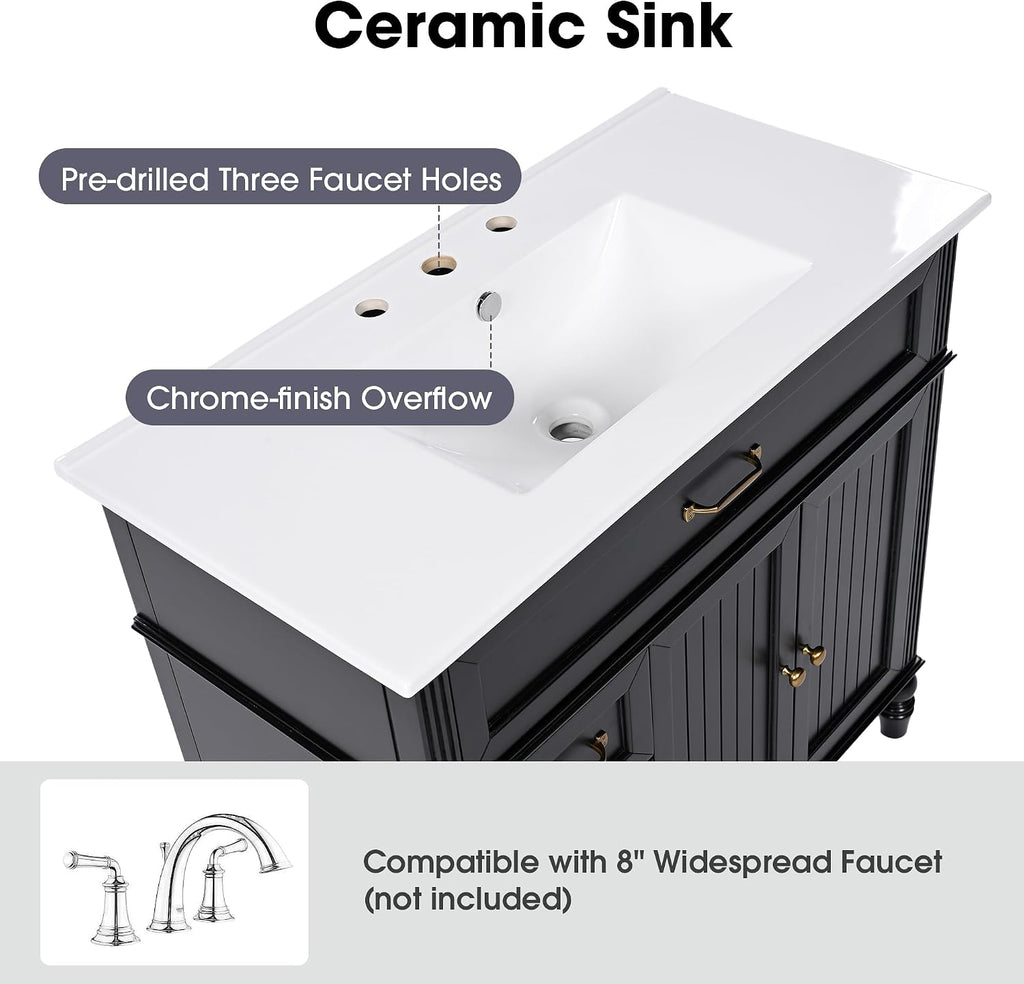 Flieks 36' Bathroom Vanity with Sink, Black Bathroom Cabinet with Drawers, Solid Frame and MDF Board, One Package