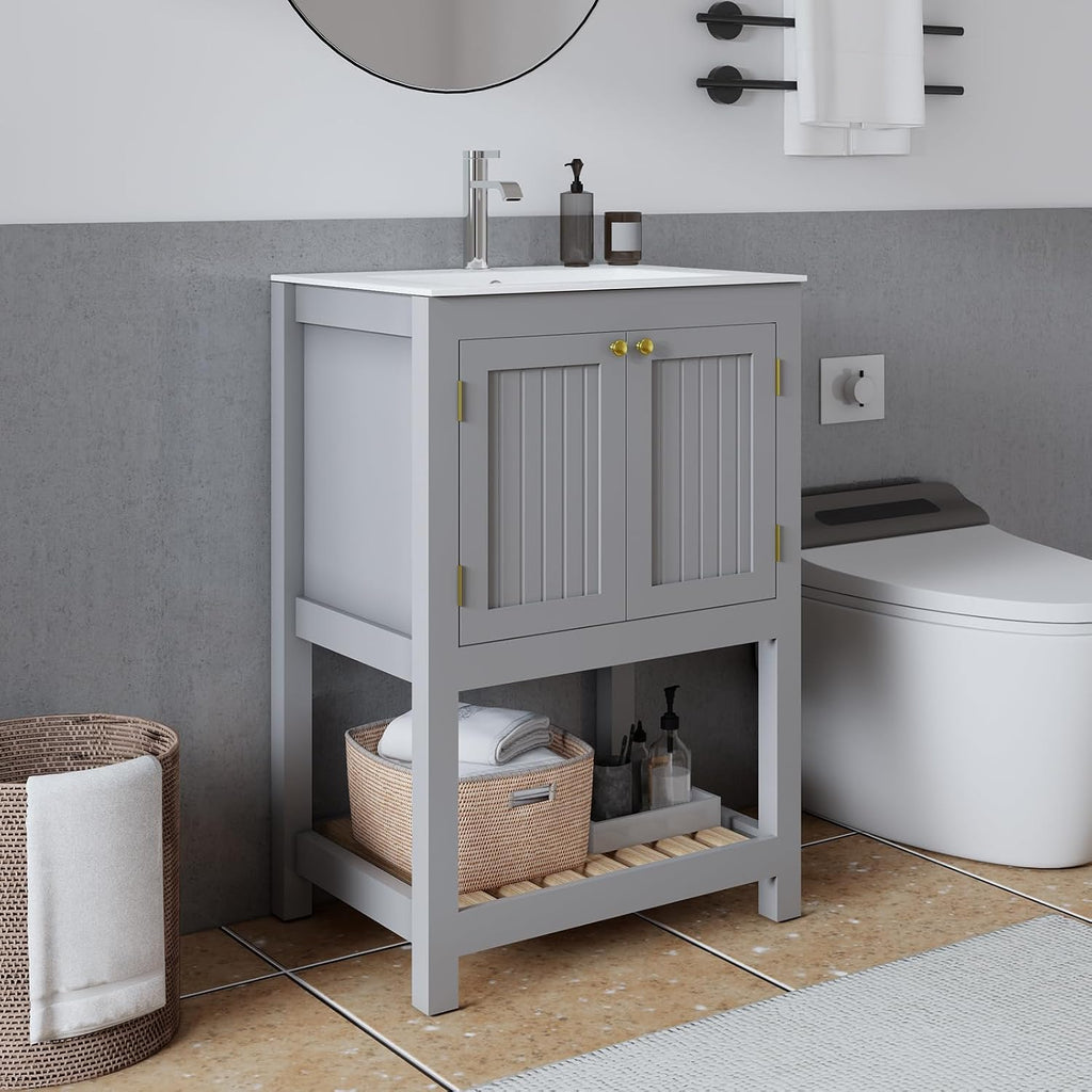24 Inch Small Bathroom Vanity with Sink, Modern Bathroom Sink Cabinet with Open Shelf, Ceramic Basin, Gray