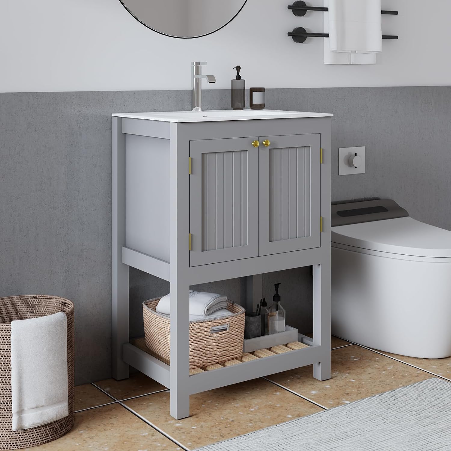 24 Inch Small Bathroom Vanity with Sink, Modern Bathroom Sink Cabinet with Open Shelf, Ceramic Basin, Gray