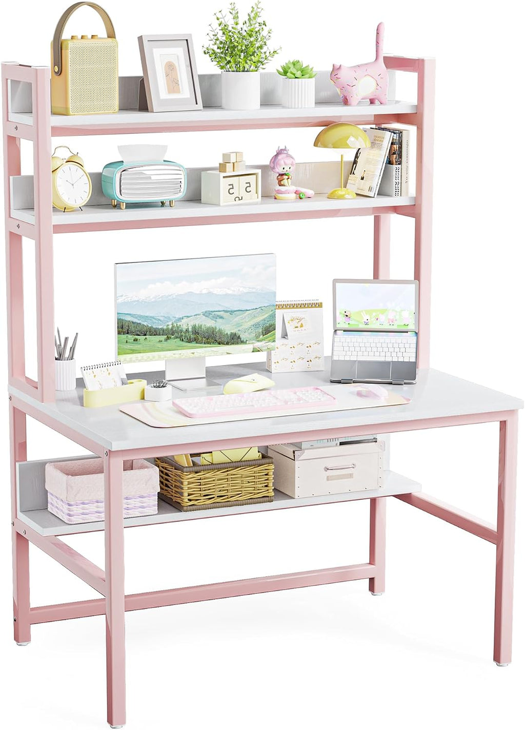 Aquzee Pink Girls Desk Hutch, 47in Woman Computer Desk with Bookshelf & Storage Shelves, Space Saving Girls Writing Study Craft Table for Bedroom Kids Room, White Wood & Pink Iron Home Office Desks