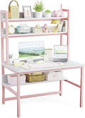 Aquzee Pink Girls Desk Hutch, 47in Woman Computer Desk with Bookshelf & Storage Shelves, Space Saving Girls Writing Study Craft Table for Bedroom Kids Room, White Wood & Pink Iron Home Office Desks