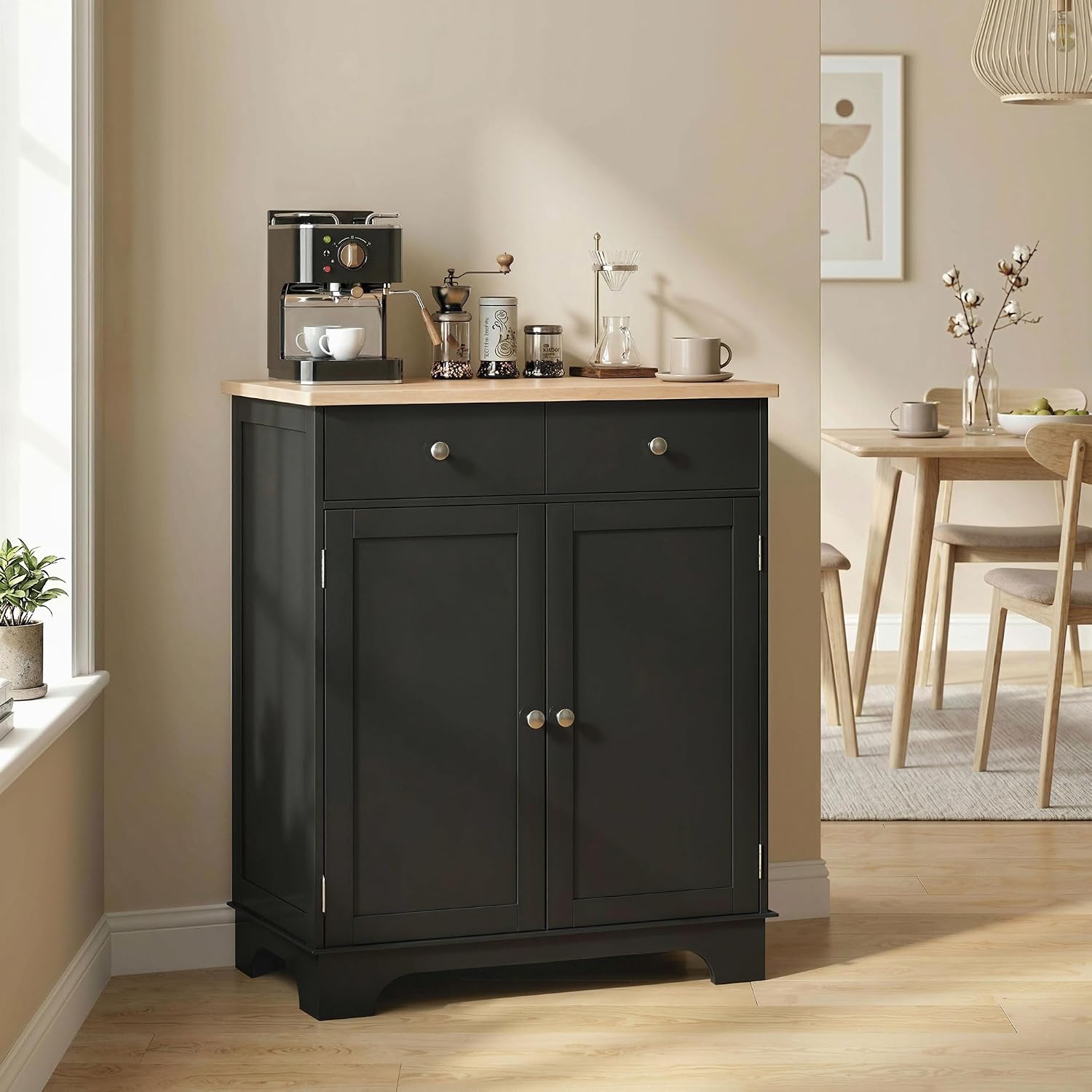 HOMCOM Sideboard Buffet Cabinet with Solid Wood Countertop, Modern Kitchen Storage Cabinet, Coffee Bar Cabinet with 2 Drawers, Doors and Adjustable Shelf, Black
