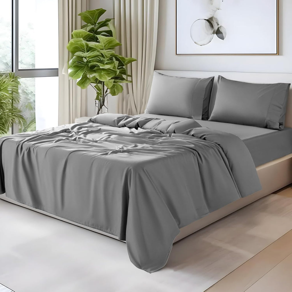 SONORO KATE 100% Egyptian Cotton Sheets - 1200 Thread Count, Luxury & Cooling Hotel Cotton Bed Sheets Set 4 Piece, Sateen Weave for Soft Feel, Fits Upto 16' Mattress (Grey, Full)