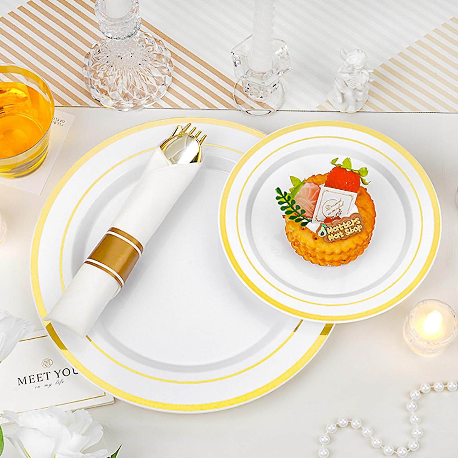 700 PCS Gold Plastic Dinnerware Set for 100 Guests, 200 DisposablePlates for Party, 100 Pre Rolled Napkins with Gold Silverware, 100 Cups