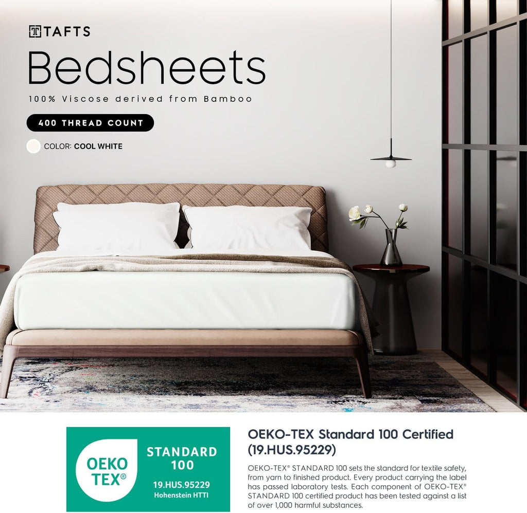 Bamboo Sheets Queen Size, 100% Pure Viscose derived from Bamboo Bed Sheet Set, Luxuriously Soft, Silky, Cooling Sheets, Double Stitched, Lifetime Promise by Tafts (Cool White)