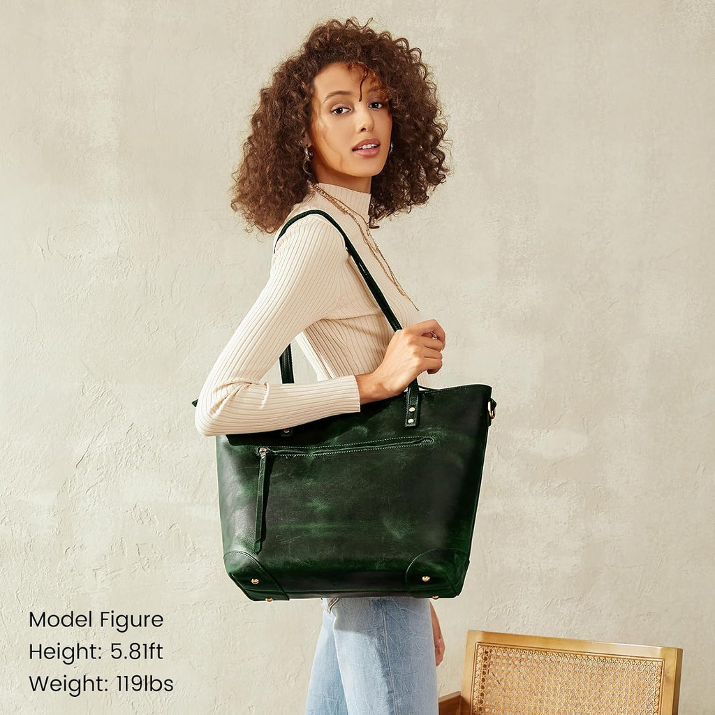 S-ZONE Vintage Genuine Leather Shoulder Bag Work Totes for Women Purse Handbag with Back Zipper Pocket Large