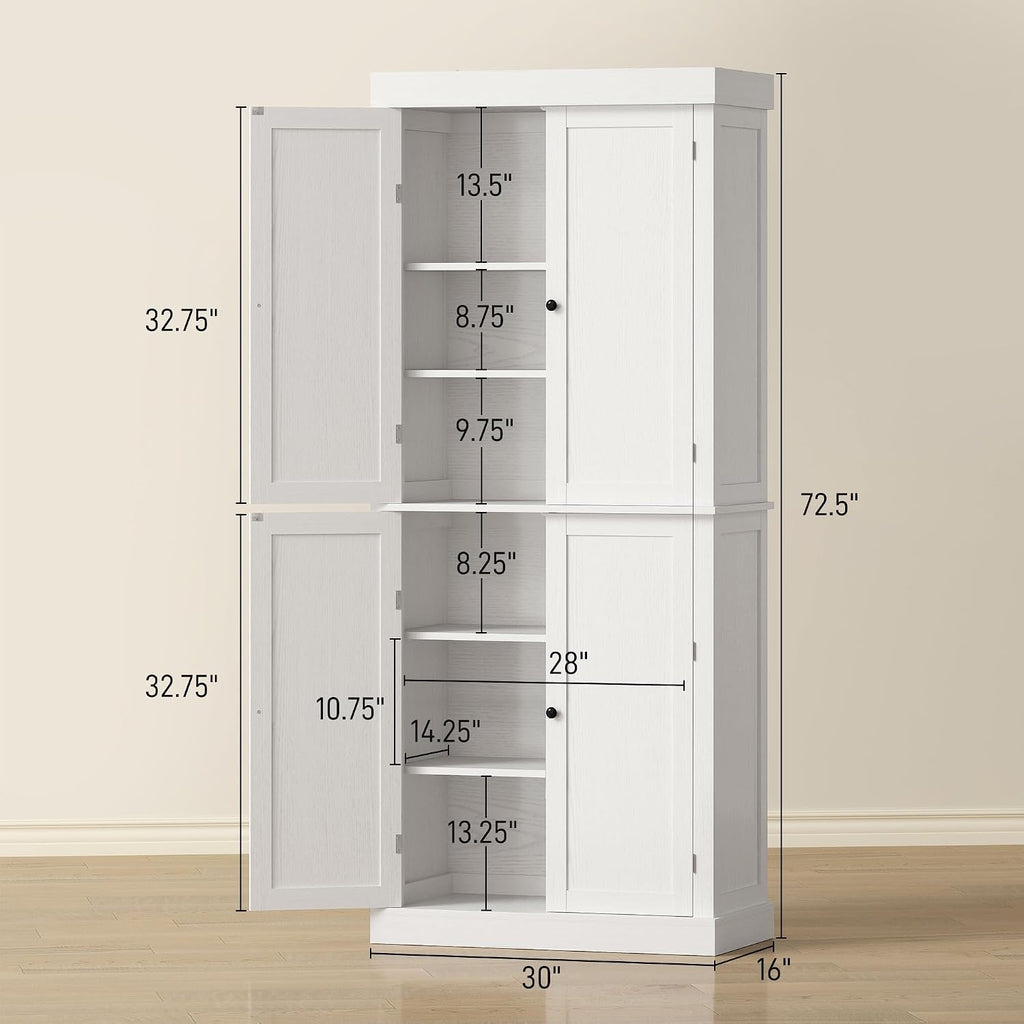 HOMCOM 72.5' Tall Kitchen Pantry Cabinet, Freestanding Modern Farmhouse Kitchen Storage Cabinet with 4 Doors and 2 Adjustable Shelves for Dining Room, White Wood Grain