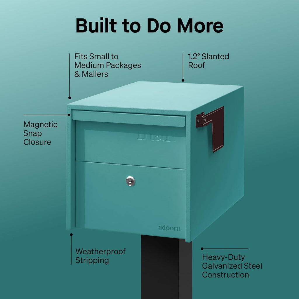 Adoorn Lockable Post Mount Mailboxes for Outside - Small Anti-Theft Locking Mailbox for Packages and Letters - Weatherproof Construction - Durable Steel - 12' H x 12' W x 18.5' D - Aegean Sea