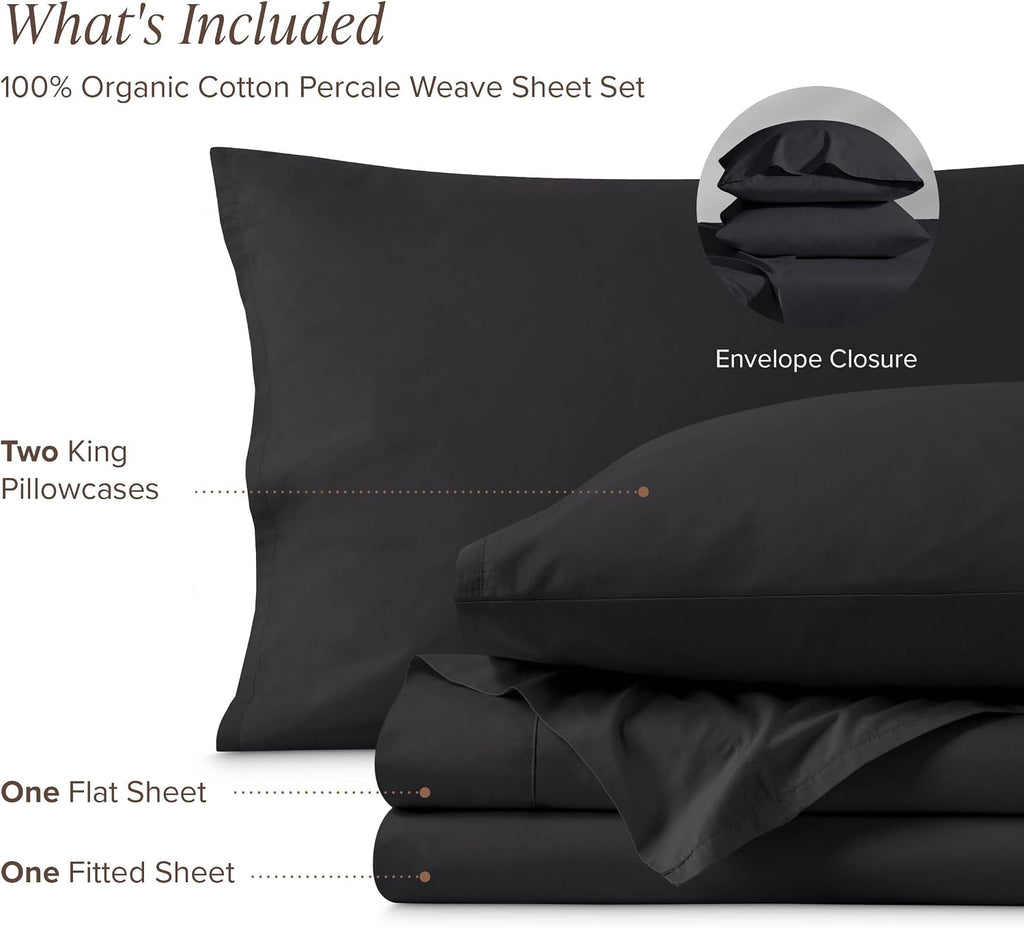 Bare Home 100% Organic Cotton Split Head Flex King Sheet Set - Crisp Percale Weave - Lightweight & Breathable - Bedding Sheets & Pillowcases (Split Head Flex King, Black)