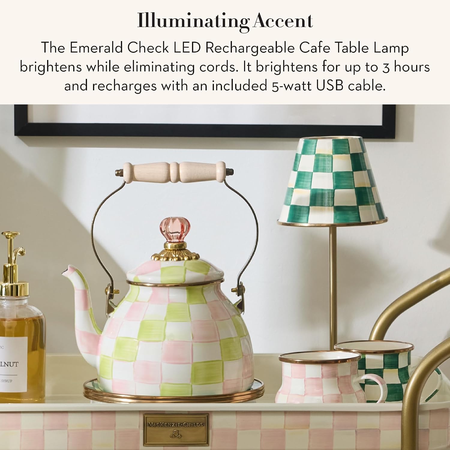 MACKENZIE-CHILDS LED Rechargeable Cafe Table Lamp, Cordless Decorative Lamp, Green-and-White Emerald Check