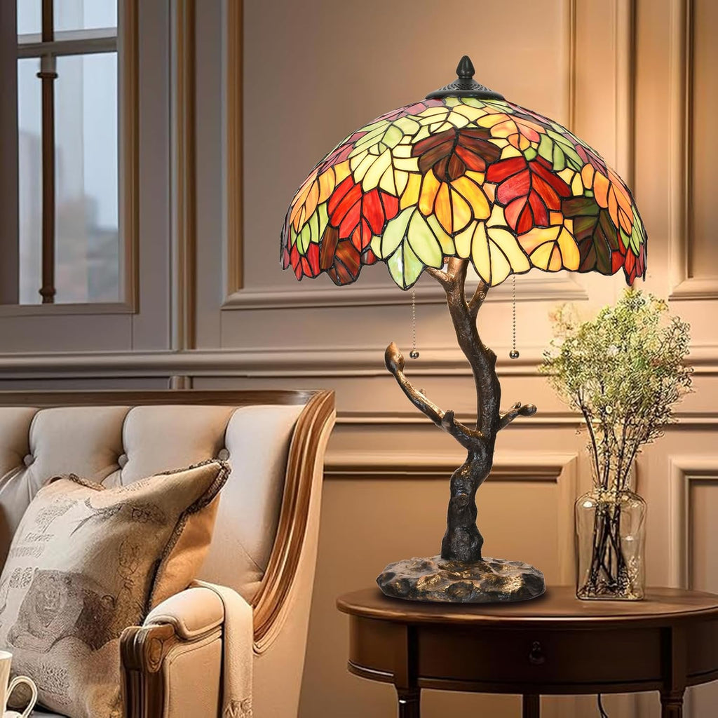 TL0032 Maple Leaves Tiffany Table Lamp Bedside Stained Glass Shade Reading Desk Light 16 x 24.25 Inches for Bedroom Living Room Home Office, LED Bulbs Included