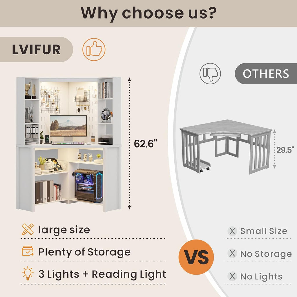 Corner Desk with - LED Reading Light, L-Shaped Computer Desk w/Hutch & Shelves, Home Office Desk w/Charging Station for Work & Study, File Cabinet Storage Bookshelf for Small Space (White)