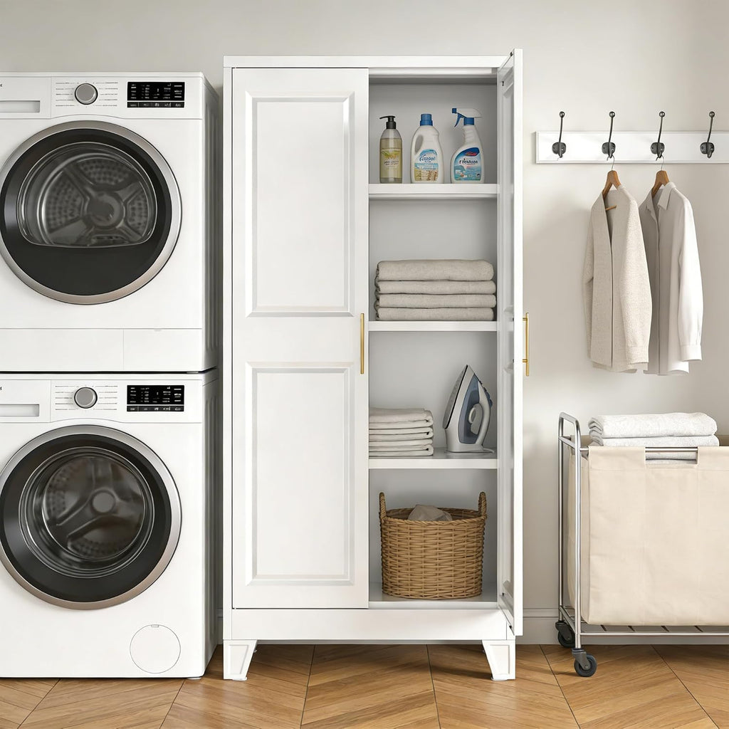 Metal Kitchen Pantry Cabinet with Adjustable Shelf, Pantry Cabinet with Doors, Freestanding Floor Cabinet for Kitchen, Home, Required Assembly, White
