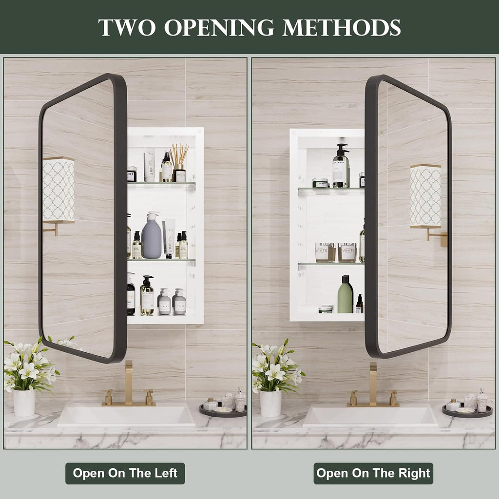 WallBeyond WallByond Bathroom Medicine Cabinet with Mirror, 16x24 Inch Black Recessed Medicine Cabinet with Round Corner Aluminum Alloy Metal Framed, Single Door Modern MedicineMabinet with Storage