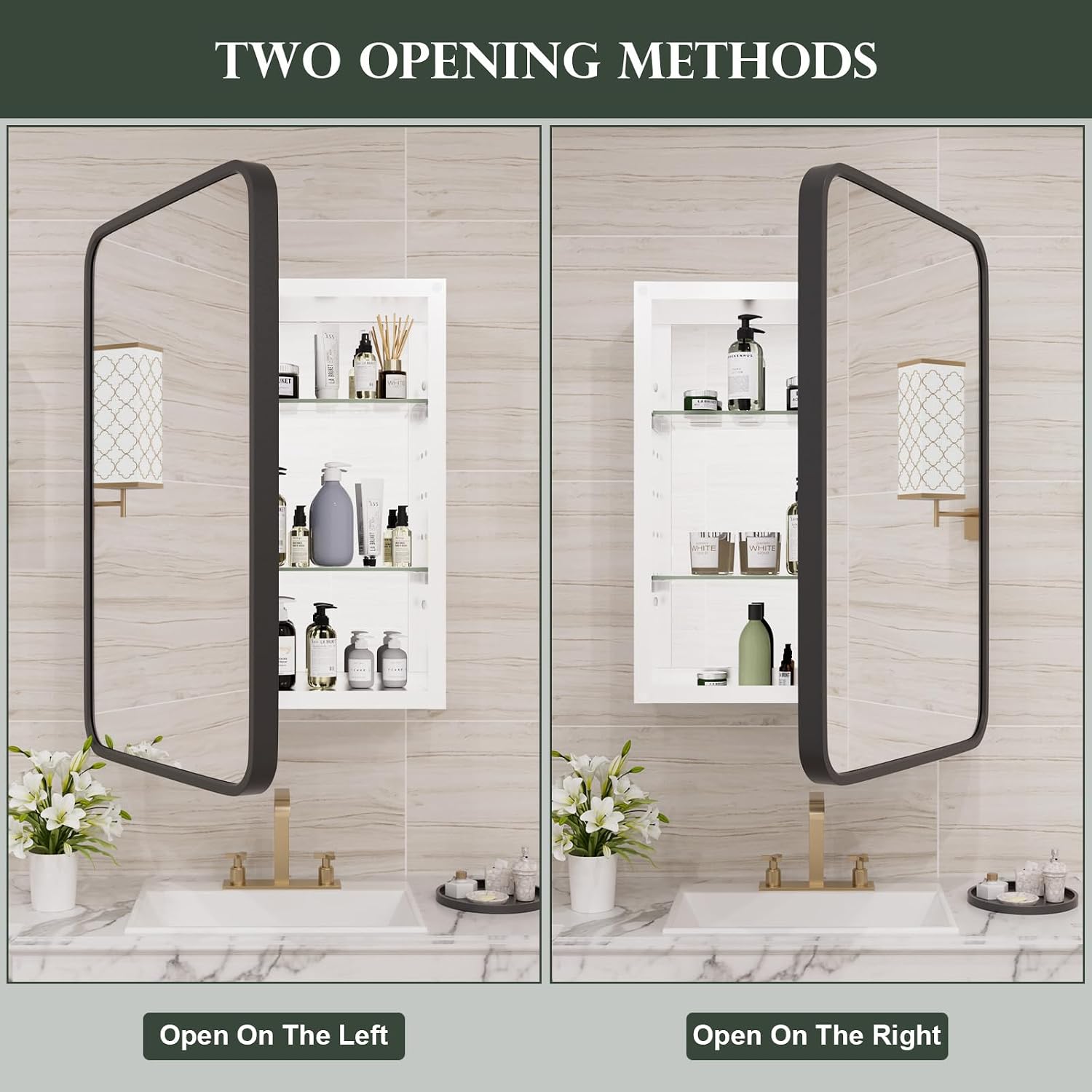 WallBeyond WallByond Bathroom Medicine Cabinet with Mirror, 16x24 Inch Black Recessed Medicine Cabinet with Round Corner Aluminum Alloy Metal Framed, Single Door Modern MedicineMabinet with Storage