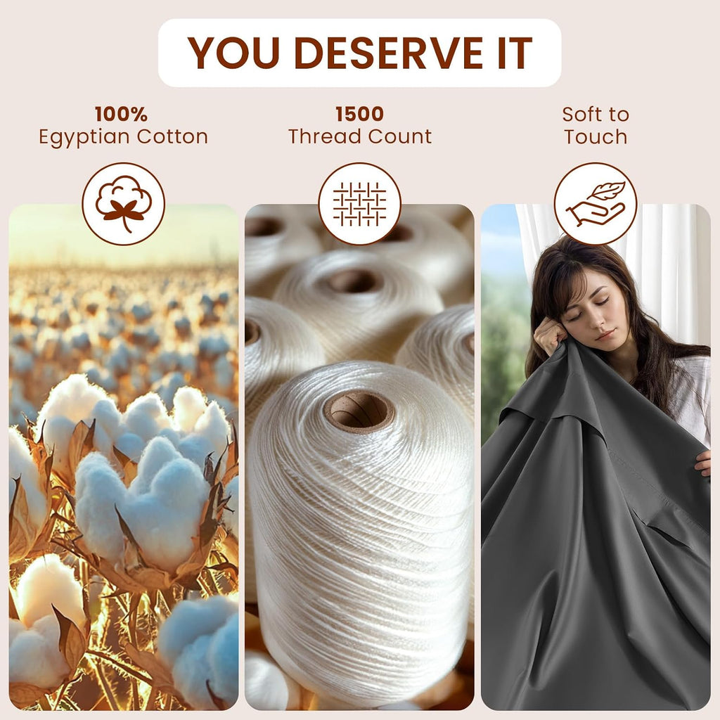 LBRO2M 1500 Thread Count Sheets 100% Egyptian Cotton Sheets Set 16 Inches Deep Pocket King Size Bedding 4 Pcs Sets (King, Dark Gray)