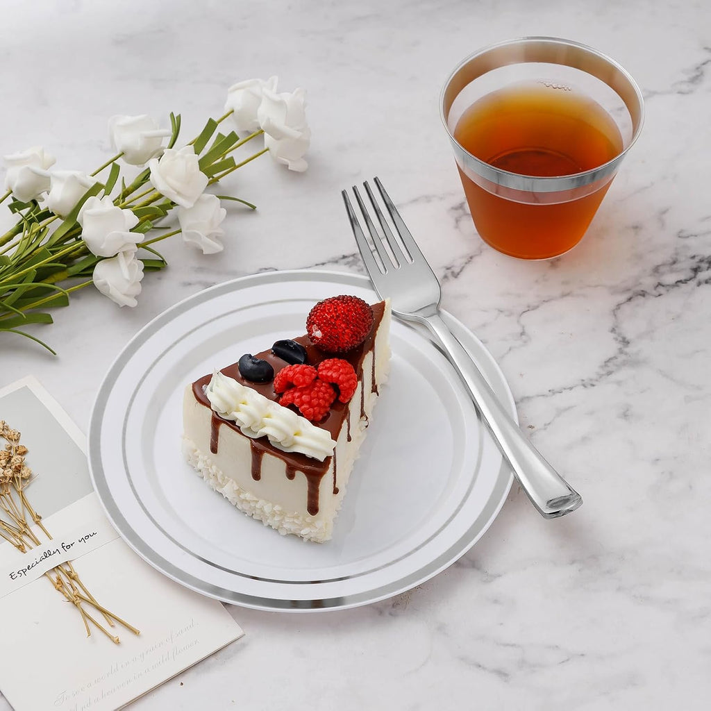 BESTVIP 900PCS Silver Dinnerware Set for 150 Guests, Plastic Plates for Party, 150 Silver Disposable Plates, 150 Dessert Plates, 150 Cups, 150 Spoons, 150 Forks and 150 Knives
