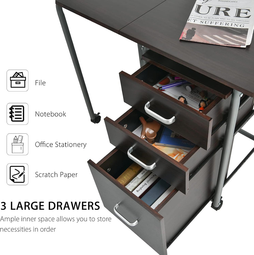 Tangkula Folding Computer Desk with 3 Storage Drawers, Mobile Home Office Desk Study Writing Desk with Smooth Wheels, Space Saving Compact Desk for Dorm Apartment, Rolling Folding Desk Table