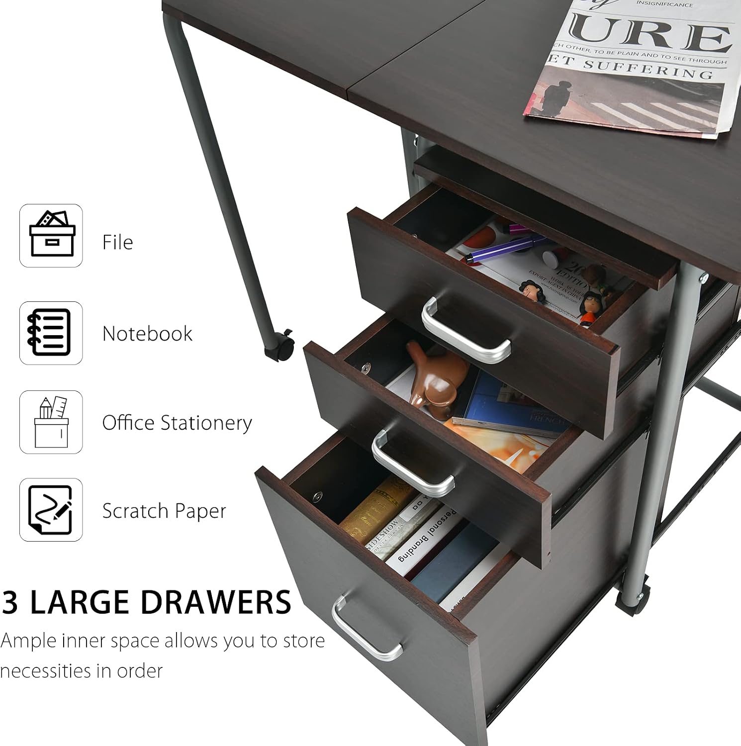 Tangkula Folding Computer Desk with 3 Storage Drawers, Mobile Home Office Desk Study Writing Desk with Smooth Wheels, Space Saving Compact Desk for Dorm Apartment, Rolling Folding Desk Table