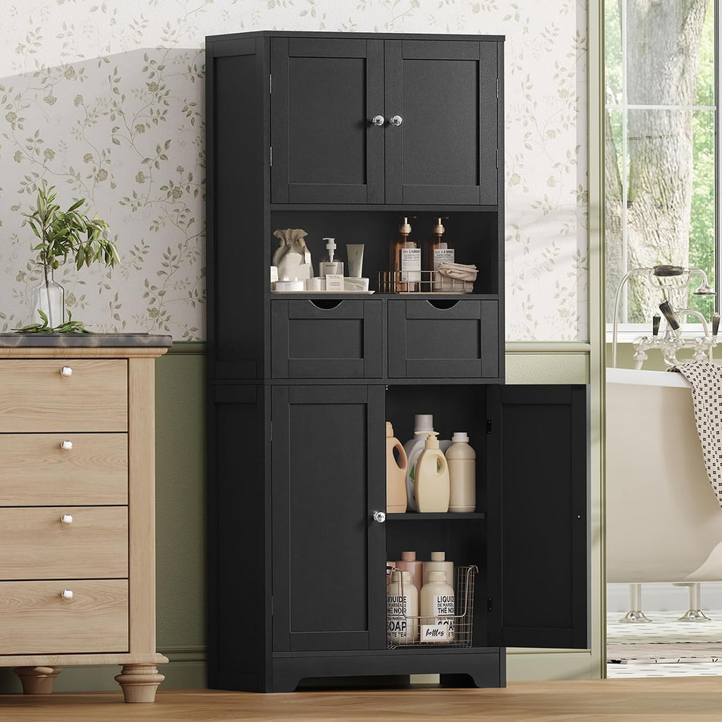 Iwell 57.8' H Tall Storage Cabinet with 2 Drawers & 2 Adjustable Shelves, Kitchen Cabinet with 4 Doors, Tall Cabinet for Living Room, Dining Room, Entryway, Black