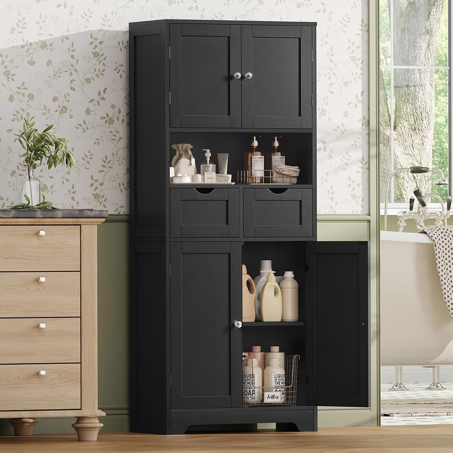 Iwell 57.8' H Tall Storage Cabinet with 2 Drawers & 2 Adjustable Shelves, Kitchen Cabinet with 4 Doors, Tall Cabinet for Living Room, Dining Room, Entryway, Black