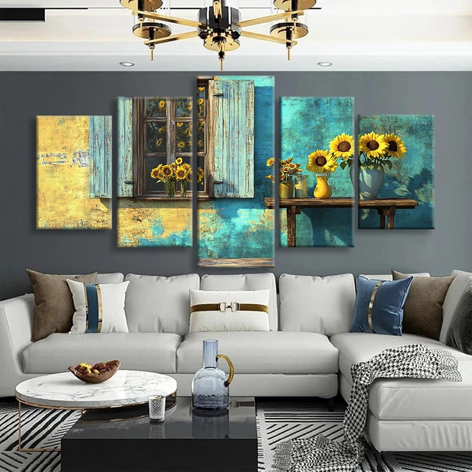 Retro Diamond Art 5 Piece Diamond Painting Sunflower 5D DIY Full Square Drill Dimond Art Paintings Crystal Crafts for Adults Gem Painting for Home Decor, Large Artwork for Wall 36 x 70 Inch, Model342
