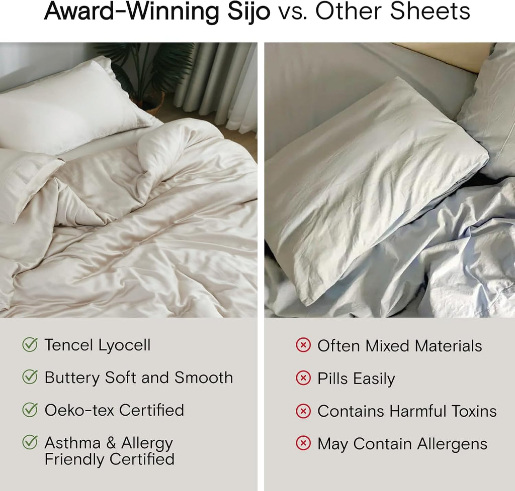 Sijo AiryWeight Tencel Sheet Set, 100% Lyocell Derived from Eucalyptus, Buttery Soft, Architectural Digest Best Cooling Sheets Winner - 4pc - 2 Pillowcases 1 Fitted 1 Top (Fog, King)