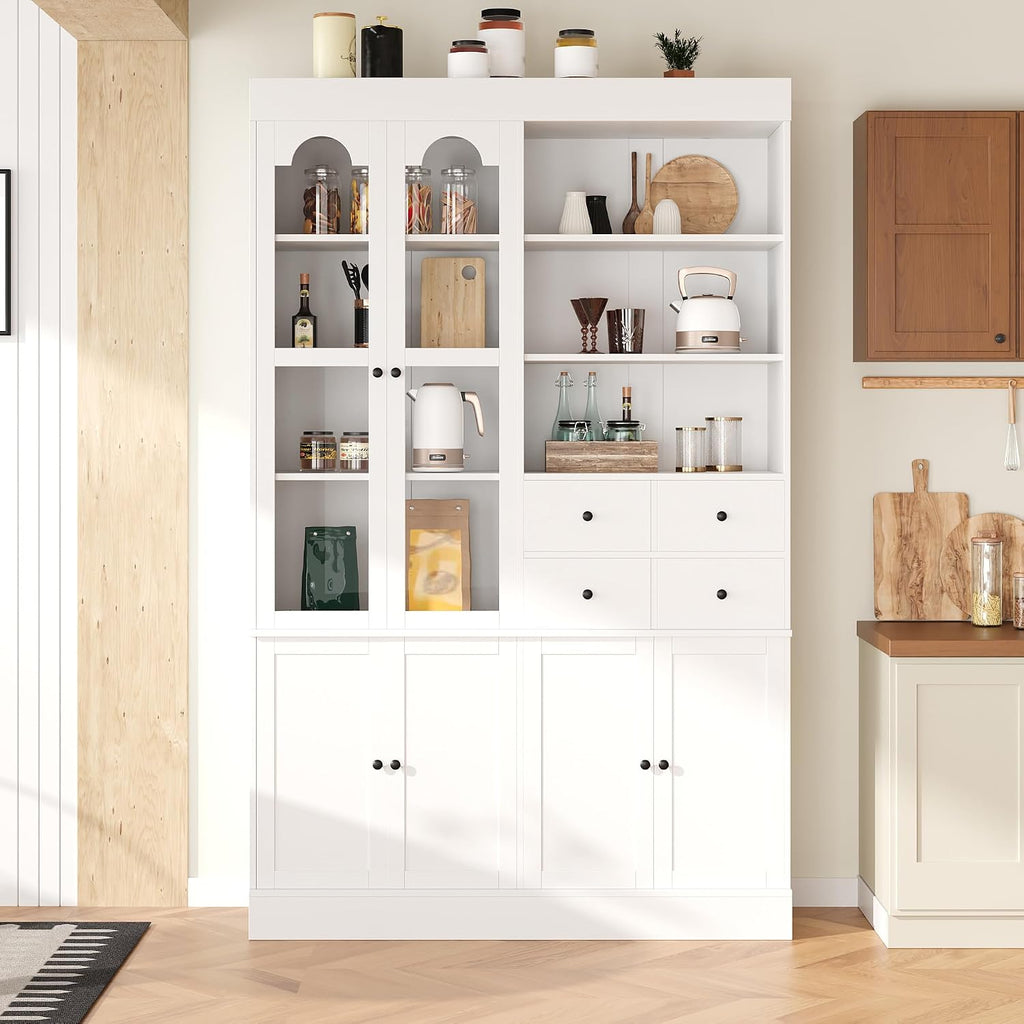 Modern 75inch Tall Kitchen Pantry Storage Cabinet with 4 Drawers, Freestanding Buffet Cabinet with Door Shelves and Pull-Out Trays for Dining Room, Living Room (White/32r)