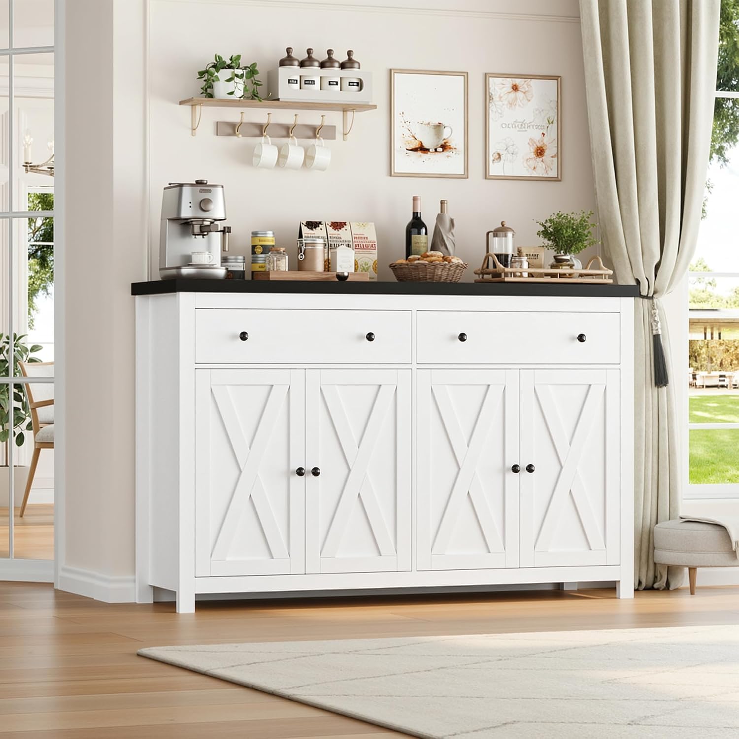 FOTOSOK Sideboard Buffet Cabinet with Storage, 55' Large Kitchen Storage Cabinet with 2 Drawers and 4 Doors, Wood Coffee Bar Cabinets Buffet Table for Kitchen Dining Room, White and Black