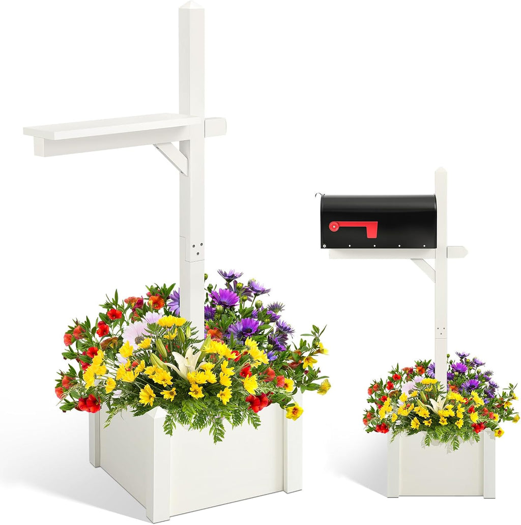 Colingmill 55 Inch/4.58 ft H Wooden Mailbox Post with Planter Box for Outside Decorative Post Flower Box(Not Included Mailbox)(White)