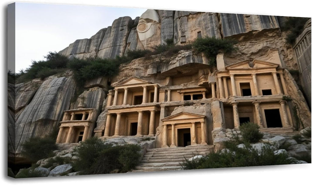 30'x 60' Canvas Wall Art Ancient Rock Carved Tombs Classic Architectural Style Framed Pictures Painting Prints Large Wall Art for Living Room Bedroom Abstract Home Wall Decor Artwork