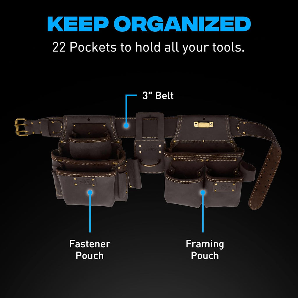 OX Pro Construction Tool Belt - 22-Pocket Leather Tool Belt Pouches - Made of Oil-Tanned Leather with Double-Stitching and Steel Rivets Morrales De Construccion OX-P263604
