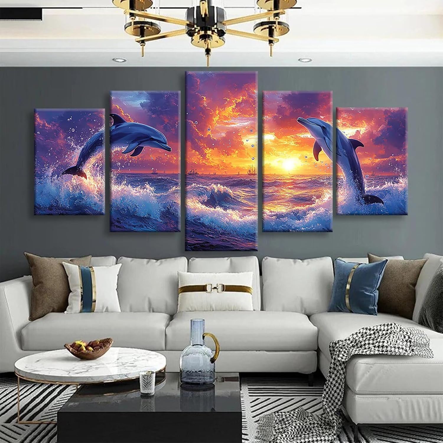 Dolphin Diamond Art 5 Piece Diamond Painting Sunset 5D DIY Full Square Drill Dimond Art Paintings Rhinestones Crafts for Adults Gem Painting for Home Decor Large Artwork for Wall 36 x 70 Inch,Model462