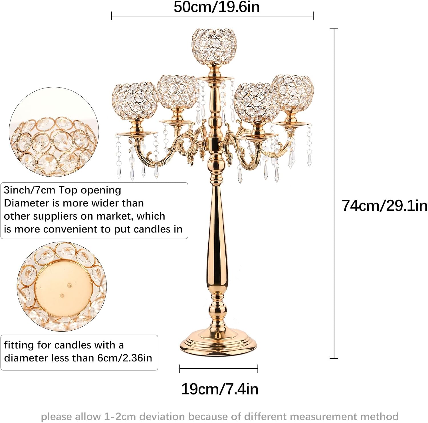 4 Packs 5 Arms Crystal Candelabra for Wedding Centerpiece, Gold Floor Candle Holder Set with Chandelier Crystal Beaded Anniversary Dinner Party Table Decor candelabros de mesa Elegantes Palace Themed