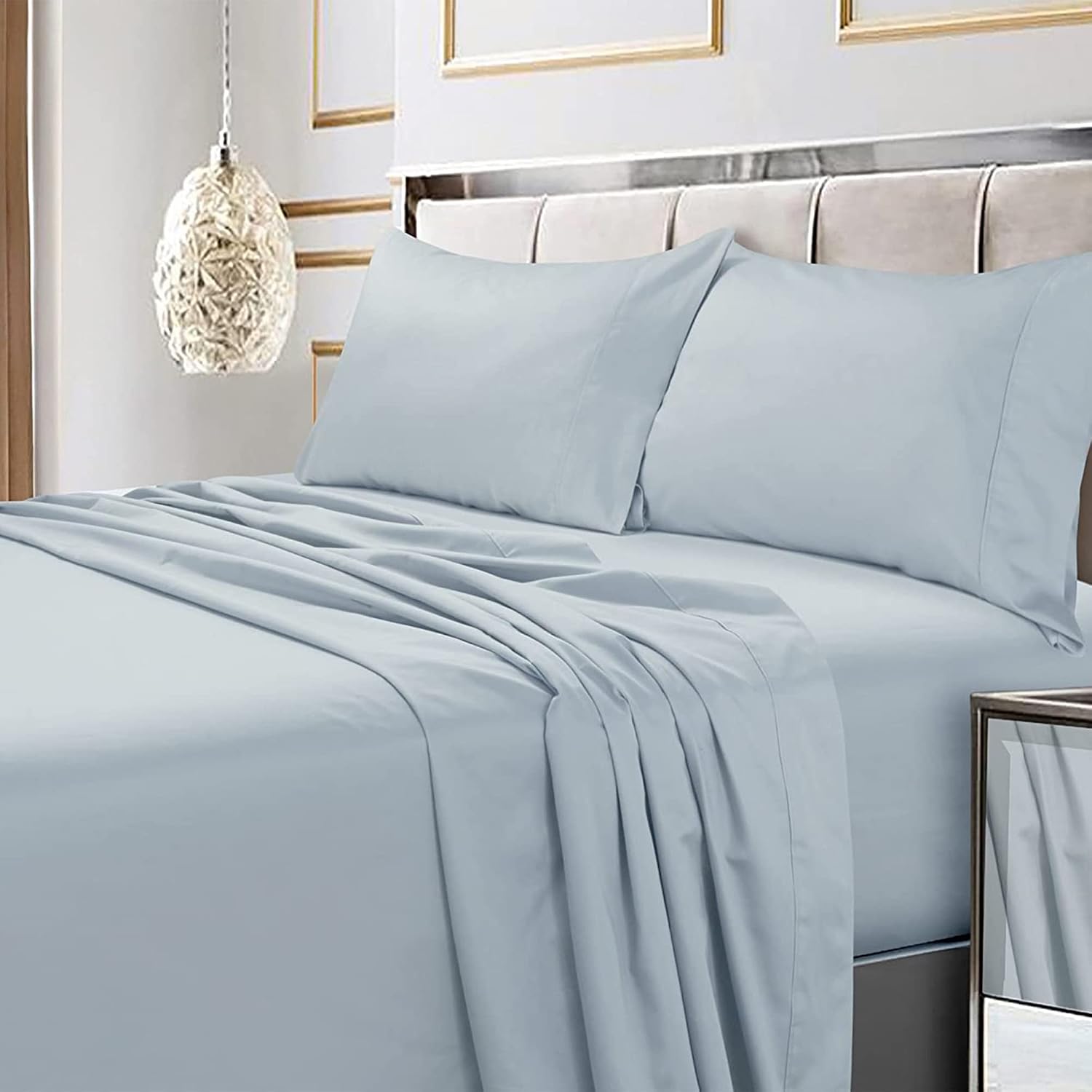 Tribeca Living Bed Sheet Set, Soft Egyptian Cotton Sateen Solid Sheets and Pillowcase Set, Extra Deep Pocket, 600 Thread Count, 4-Piece Luxury Bedding, King, Sky Blue