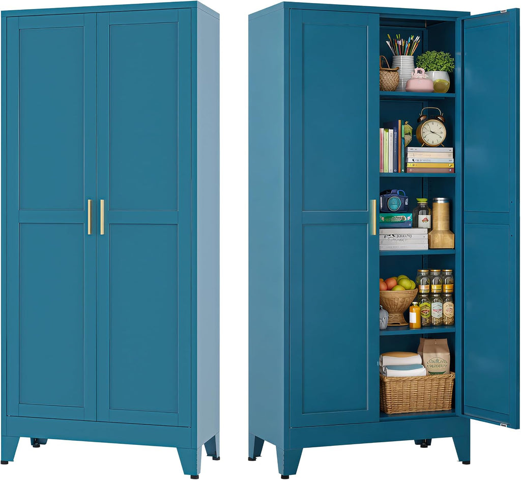 Bevivog Metal Kitchen Pantry Cupboard Cabinet, 71' Blue Storage Cabinets with 2 Doors and 4 Adjustable Shelves for Kitchen/Home Office/Dining Room/Living Space